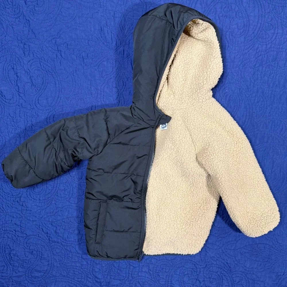 Old Navy Toddler 3T Reversible Puffer Jacket Black Sherpa Fleece Hooded Coat
